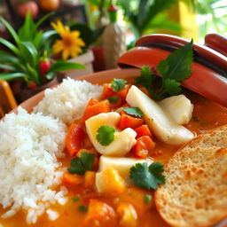 A beautifully arranged plate of Moqueca de Peixe, a traditional Brazilian fish stew