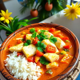 A beautifully arranged plate of Moqueca de Peixe, a traditional Brazilian fish stew