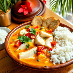 A beautifully arranged plate of Moqueca de Peixe, a traditional Brazilian fish stew