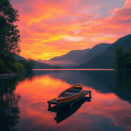 A serene landscape depicting a vibrant sunset over a tranquil lake, with silhouetted mountains in the background