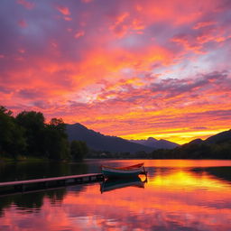 A serene landscape depicting a vibrant sunset over a tranquil lake, with silhouetted mountains in the background