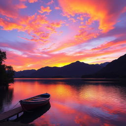 A serene landscape depicting a vibrant sunset over a tranquil lake, with silhouetted mountains in the background