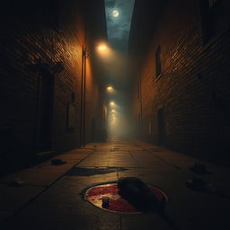 A grim alley street at night, shrouded in darkness and an ominous horror atmosphere
