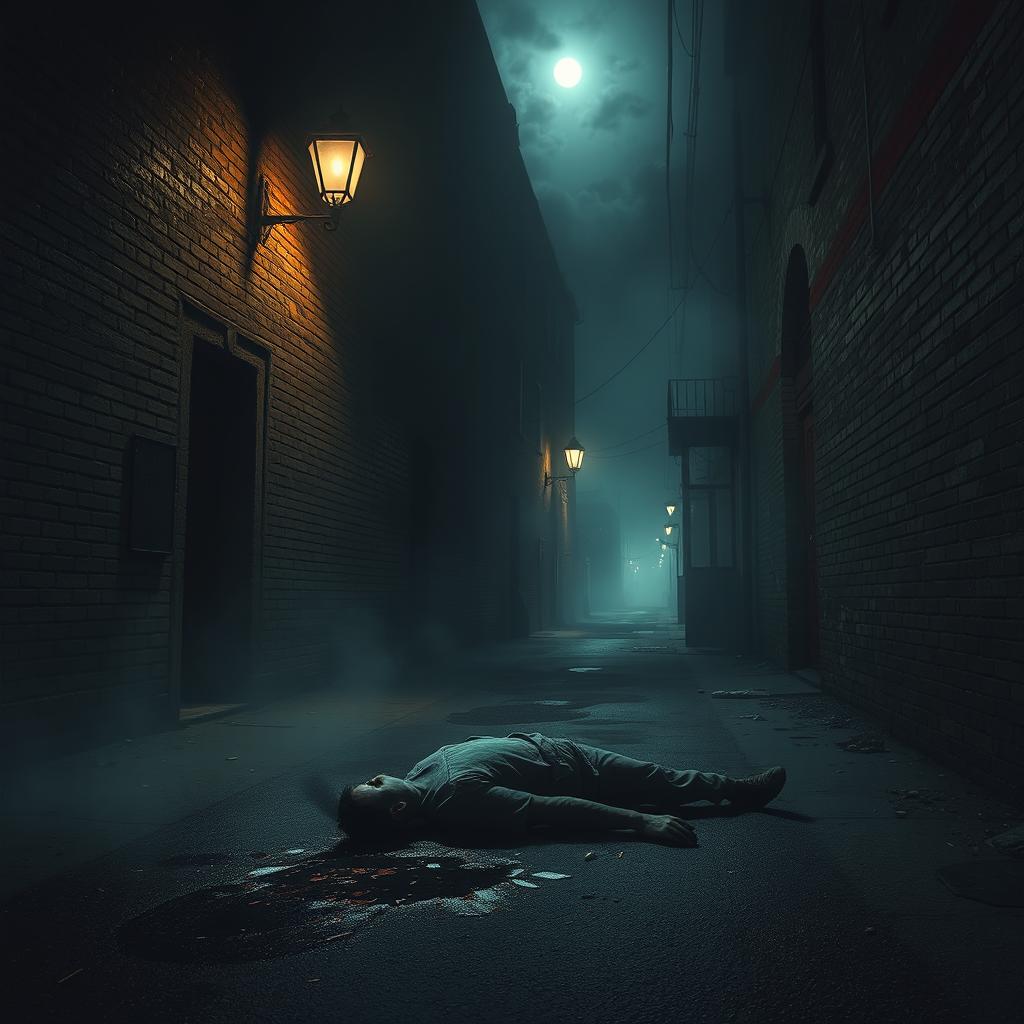 A grim alley street at night, shrouded in darkness and an ominous horror atmosphere