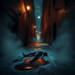 A grim alley street at night, shrouded in darkness and an ominous horror atmosphere