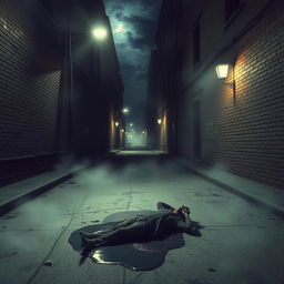 A grim alley street at night, shrouded in darkness and an ominous horror atmosphere