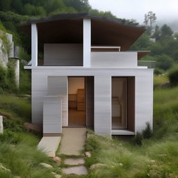 A building design with stair partitions from ground floor to the attic, located in hilly terrain