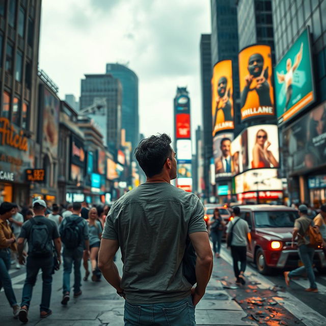 A scene depicting a man in a busy cityscape, where the surroundings are showing signs of breakdown and chaos