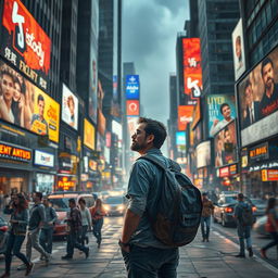 A scene depicting a man in a busy cityscape, where the surroundings are showing signs of breakdown and chaos