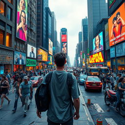 A scene depicting a man in a busy cityscape, where the surroundings are showing signs of breakdown and chaos