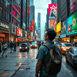 A scene depicting a man in a busy cityscape, where the surroundings are showing signs of breakdown and chaos