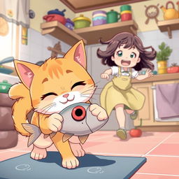A cute cat stealthily trying to steal a fish, illustrated in vibrant anime style