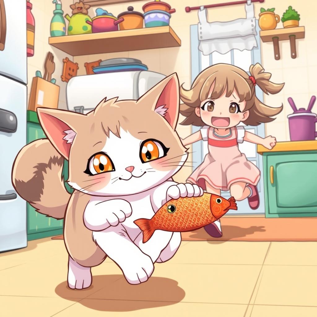 A cute cat stealthily trying to steal a fish, illustrated in vibrant anime style