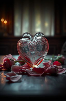 A poignant scene depicting a beautifully detailed heart, elegantly crafted from glass and adorned with delicate filigree designs, left on an ornate wooden table