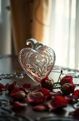 A poignant scene depicting a beautifully detailed heart, elegantly crafted from glass and adorned with delicate filigree designs, left on an ornate wooden table