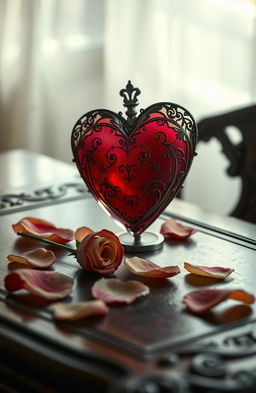 A poignant scene depicting a beautifully detailed heart, elegantly crafted from glass and adorned with delicate filigree designs, left on an ornate wooden table