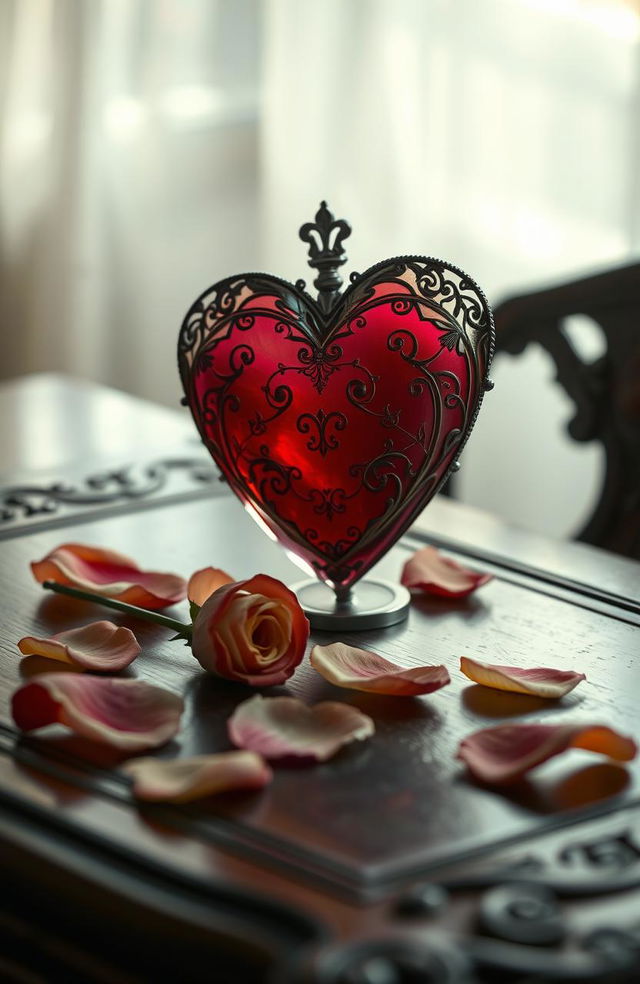 A poignant scene depicting a beautifully detailed heart, elegantly crafted from glass and adorned with delicate filigree designs, left on an ornate wooden table