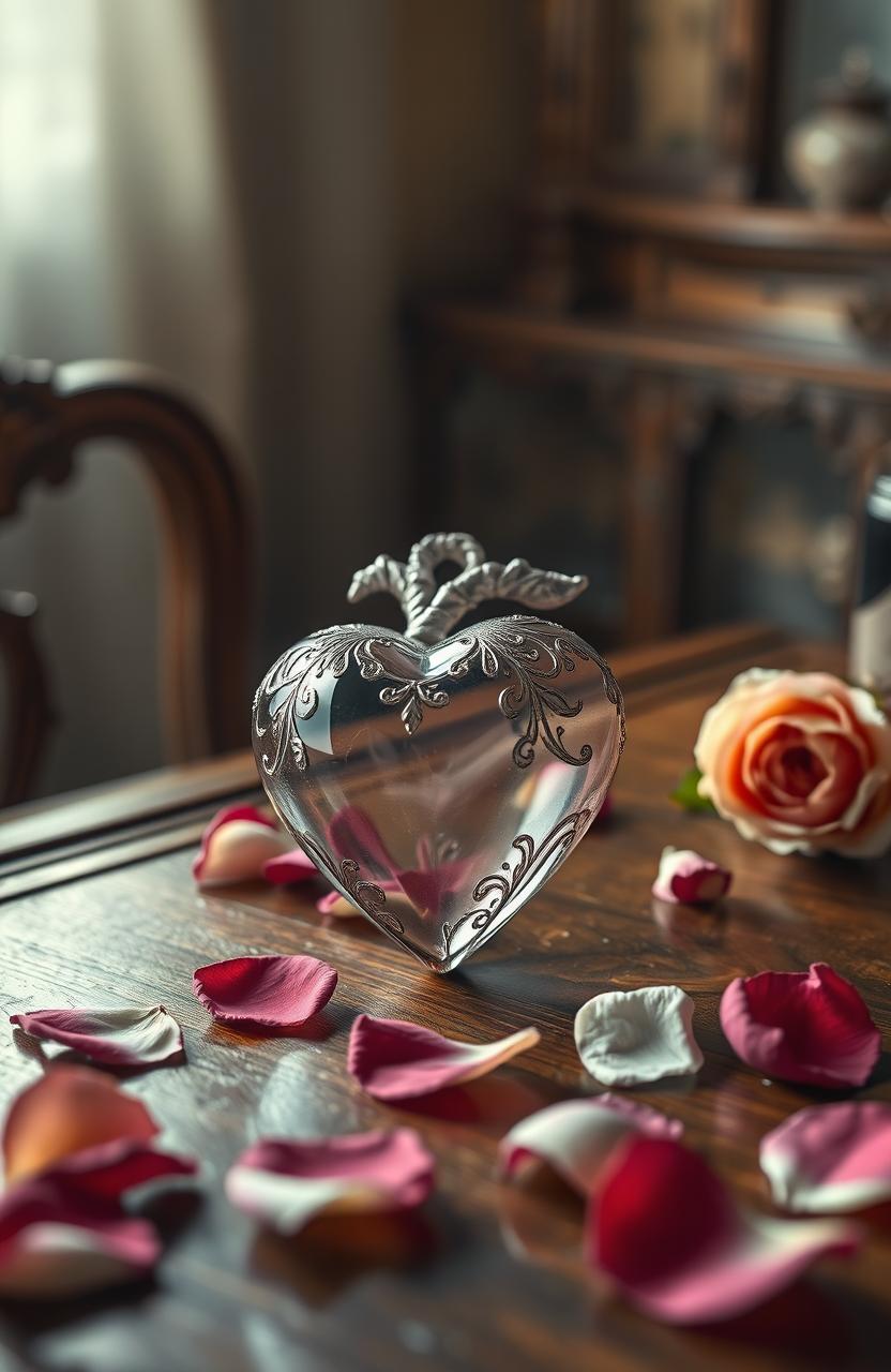 A poignant scene depicting a beautifully detailed heart, elegantly crafted from glass and adorned with delicate filigree designs, left on an ornate wooden table