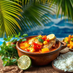 A vibrant, colorful still life of Moqueca de Peixe, a traditional Brazilian fish stew