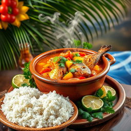 A vibrant, colorful still life of Moqueca de Peixe, a traditional Brazilian fish stew