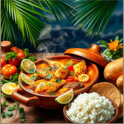 A vibrant, colorful still life of Moqueca de Peixe, a traditional Brazilian fish stew