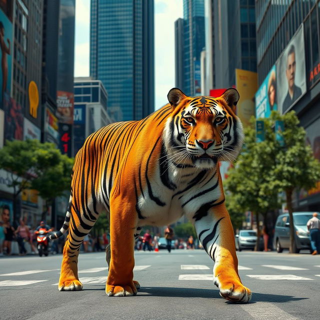 A majestic tiger confidently walking through a bustling city, with skyscrapers towering in the background