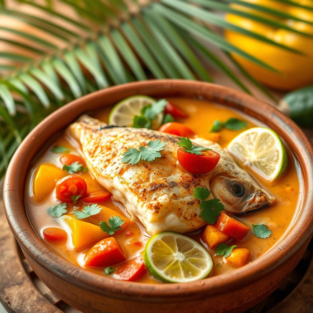 A beautifully arranged plate of Moqueca de Peixe, a traditional Brazilian fish stew, showcasing vibrant ingredients like colorful bell peppers, fresh cilantro, and ripe tomatoes simmering in coconut milk