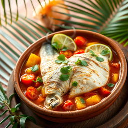 A beautifully arranged plate of Moqueca de Peixe, a traditional Brazilian fish stew, showcasing vibrant ingredients like colorful bell peppers, fresh cilantro, and ripe tomatoes simmering in coconut milk