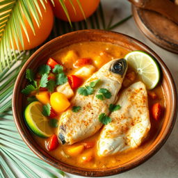 A beautifully arranged plate of Moqueca de Peixe, a traditional Brazilian fish stew, showcasing vibrant ingredients like colorful bell peppers, fresh cilantro, and ripe tomatoes simmering in coconut milk