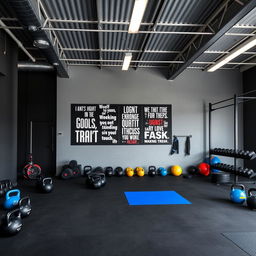 A CrossFit space designed with a color palette of gray, black, and royal blue
