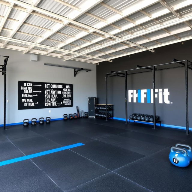 A CrossFit space designed with a color palette of gray, black, and royal blue