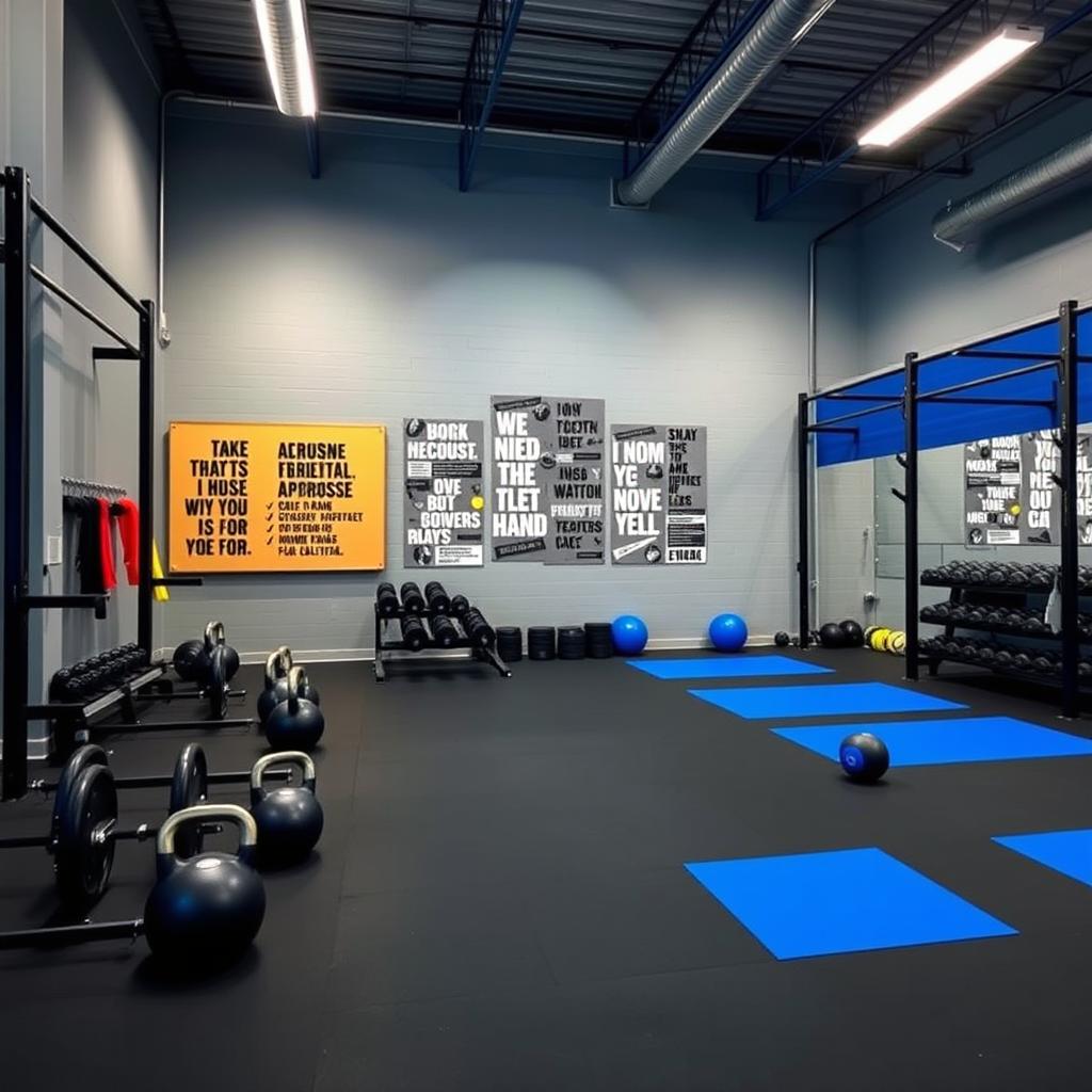 A CrossFit space designed with a color palette of gray, black, and royal blue