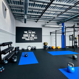 A CrossFit space designed with a color palette of gray, black, and royal blue