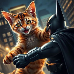 A stunningly attractive and charismatic cat, anthropomorphized with superhero qualities, is engaged in an epic battle with Batman in a dynamic urban setting