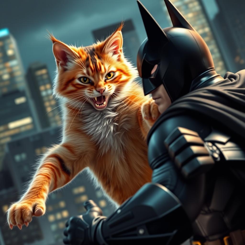 A stunningly attractive and charismatic cat, anthropomorphized with superhero qualities, is engaged in an epic battle with Batman in a dynamic urban setting
