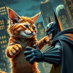 A stunningly attractive and charismatic cat, anthropomorphized with superhero qualities, is engaged in an epic battle with Batman in a dynamic urban setting