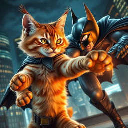 A stunningly attractive and charismatic cat, anthropomorphized with superhero qualities, is engaged in an epic battle with Batman in a dynamic urban setting