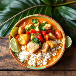 A beautifully arranged plate of Moqueca de Peixe, a traditional Brazilian fish stew