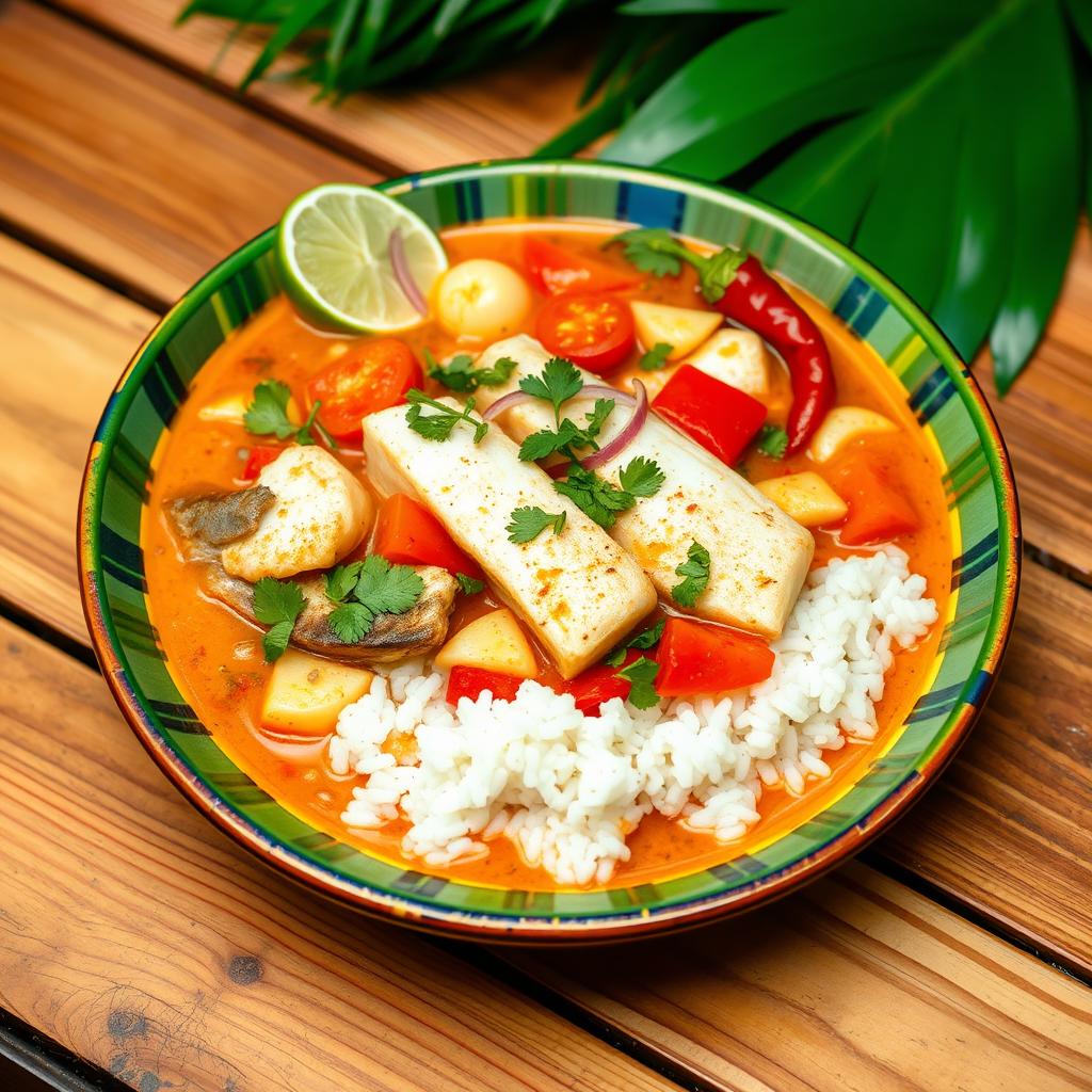 A beautifully arranged plate of Moqueca de Peixe, a traditional Brazilian fish stew