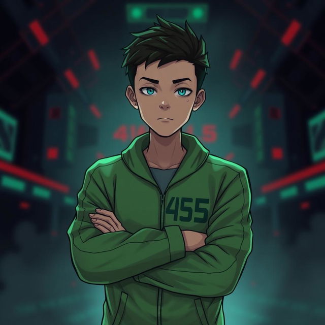 A digital illustration featuring a character in a Squid Game costume, specifically the outfit of player 465