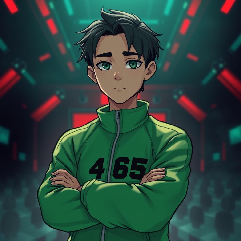 A digital illustration featuring a character in a Squid Game costume, specifically the outfit of player 465