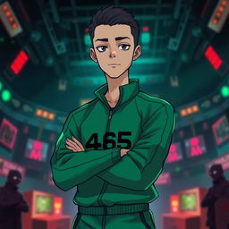 A digital illustration featuring a character in a Squid Game costume, specifically the outfit of player 465