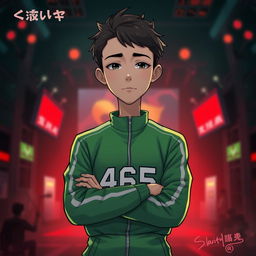 A digital illustration featuring a character in a Squid Game costume, specifically the outfit of player 465