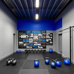 A CrossFit space designed with a color palette of gray, black, and royal blue