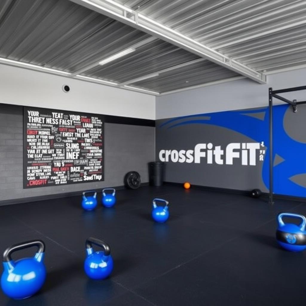 A CrossFit space designed with a color palette of gray, black, and royal blue