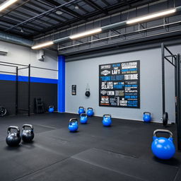 A CrossFit space designed with a color palette of gray, black, and royal blue