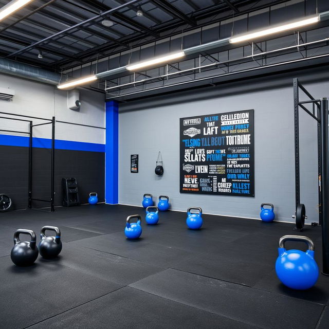 A CrossFit space designed with a color palette of gray, black, and royal blue