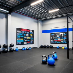 A CrossFit space designed with a color palette of gray, black, and royal blue