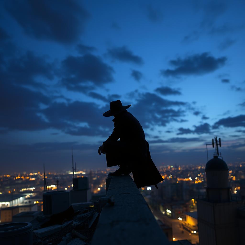 A mysterious man squatting on the edge of a rooftop, overlooking the city beneath him