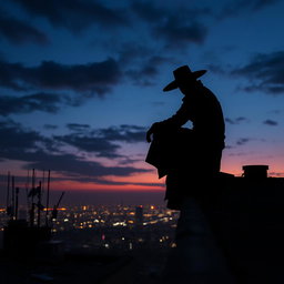 A mysterious man squatting on the edge of a rooftop, overlooking the city beneath him